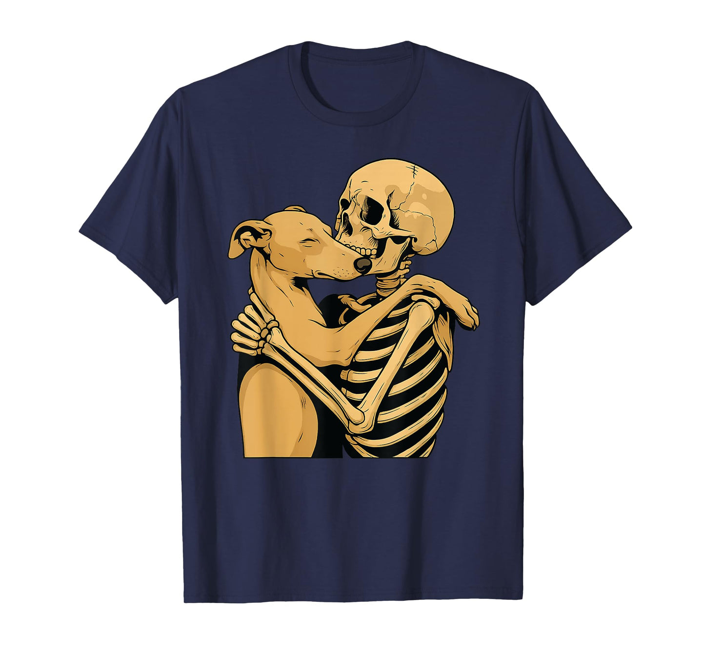 Skeleton Hugging Whippet Dog Halloween T-Shirt