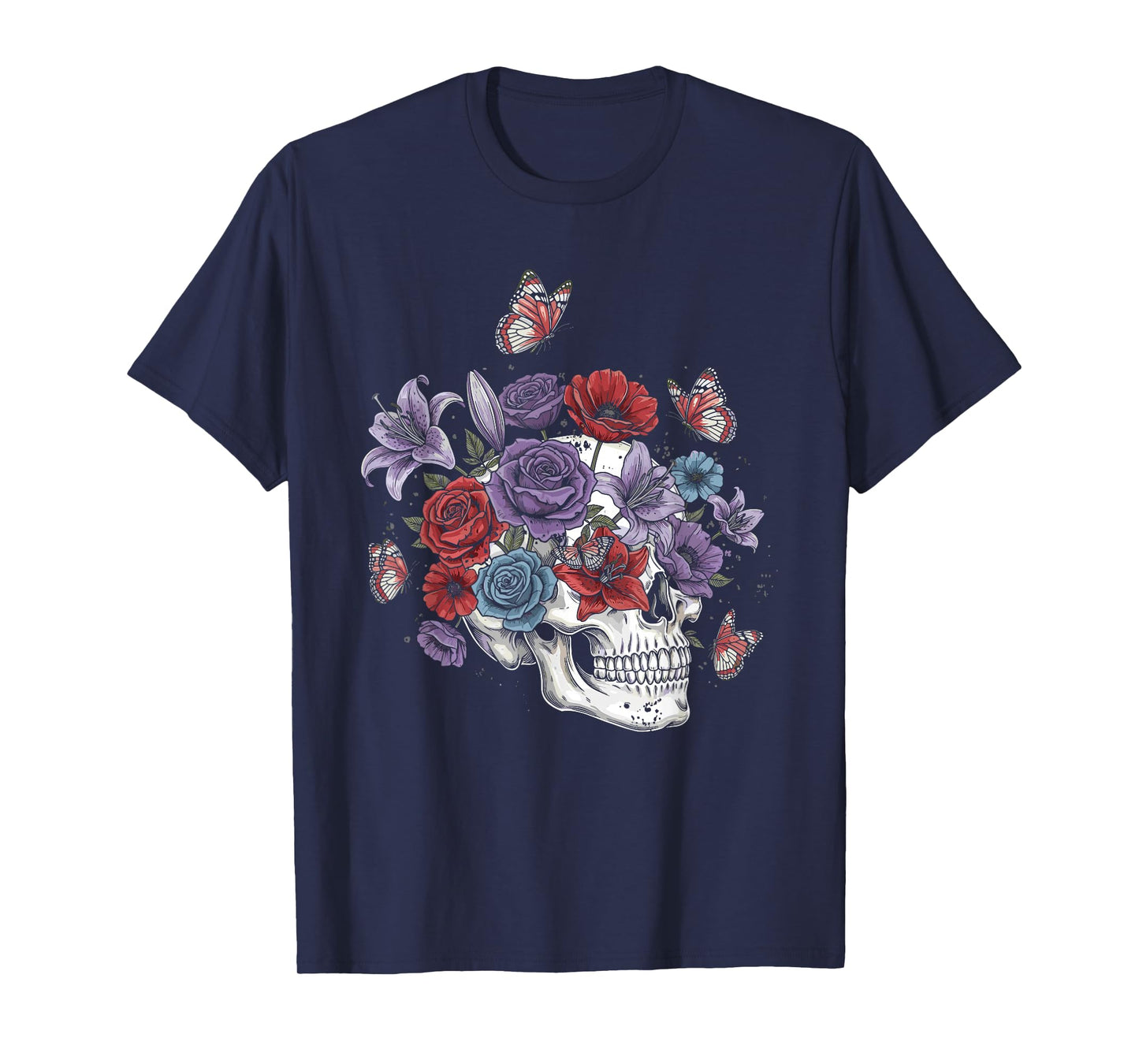 Skull with Flowers and Butterflies Halloween Costume T-Shirt