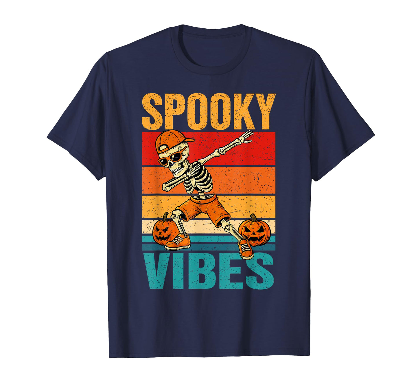 Retro Skeleton Dabbing Halloween Ghost Pumpkin Spooky Vibes T-Shirt
