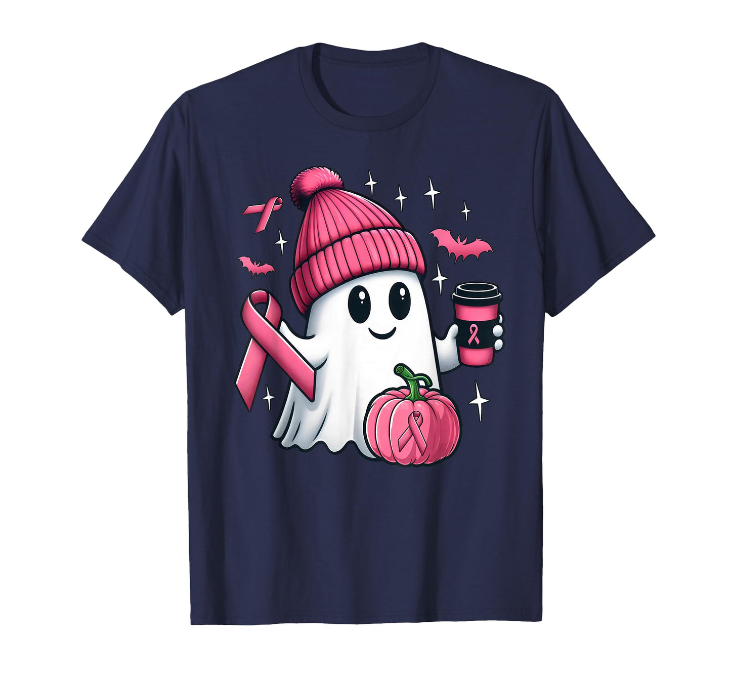 Cute Ghost Drinking Coffee Halloween Breast Cancer Awareness T-Shirt