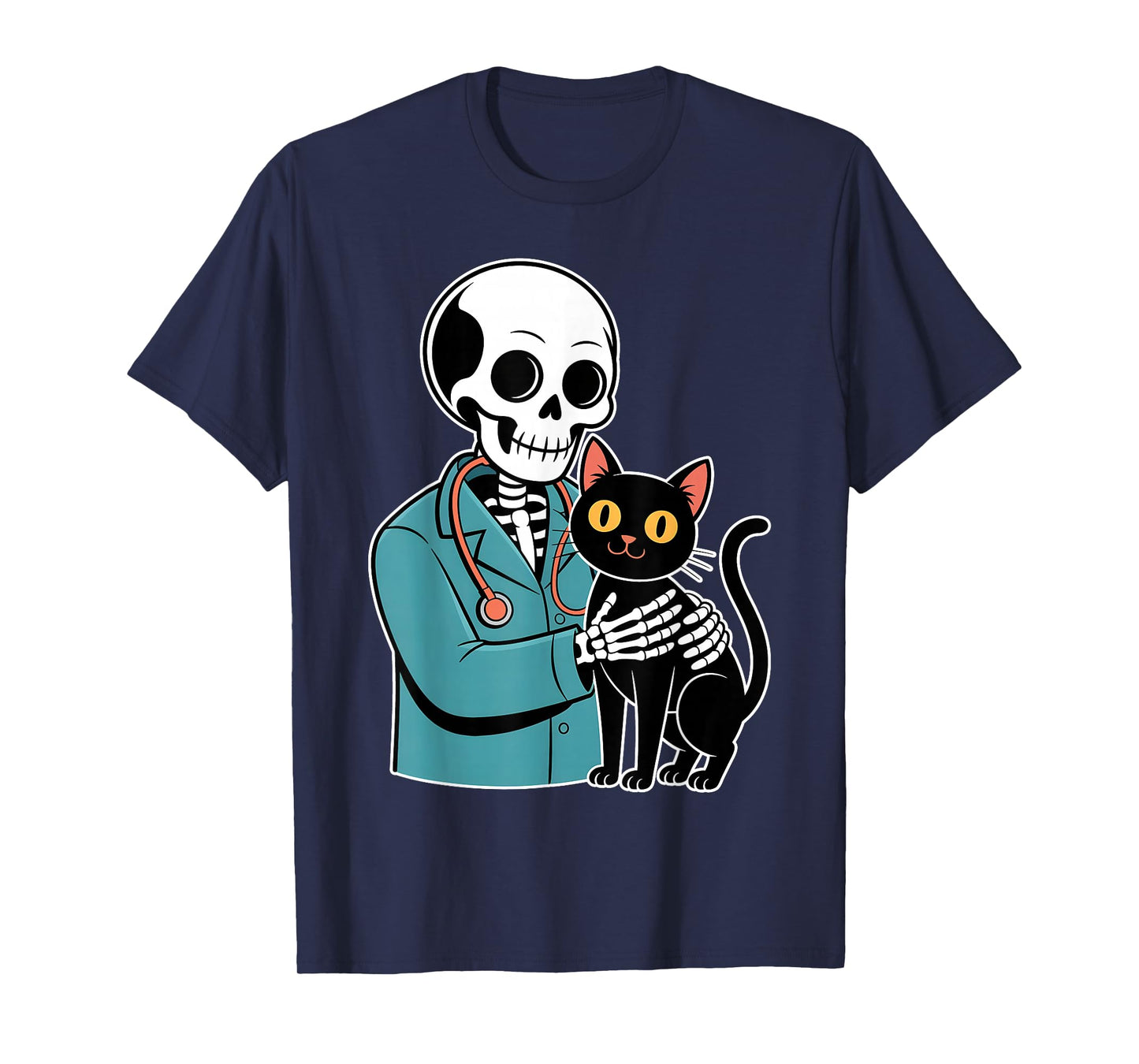 Skeleton Hugging Cat Funny Vet Cat Lover Halloween Men Women T-Shirt