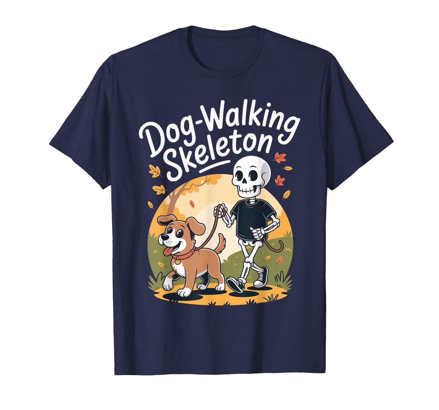 Funny Skeleton Walking Dog Halloween Cartoon Spooky Humor T-Shirt