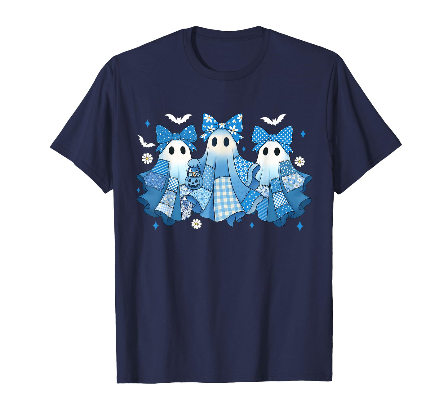 Demin Patchwork Cute Ghost Spooky Season Happy Halloween T-Shirt