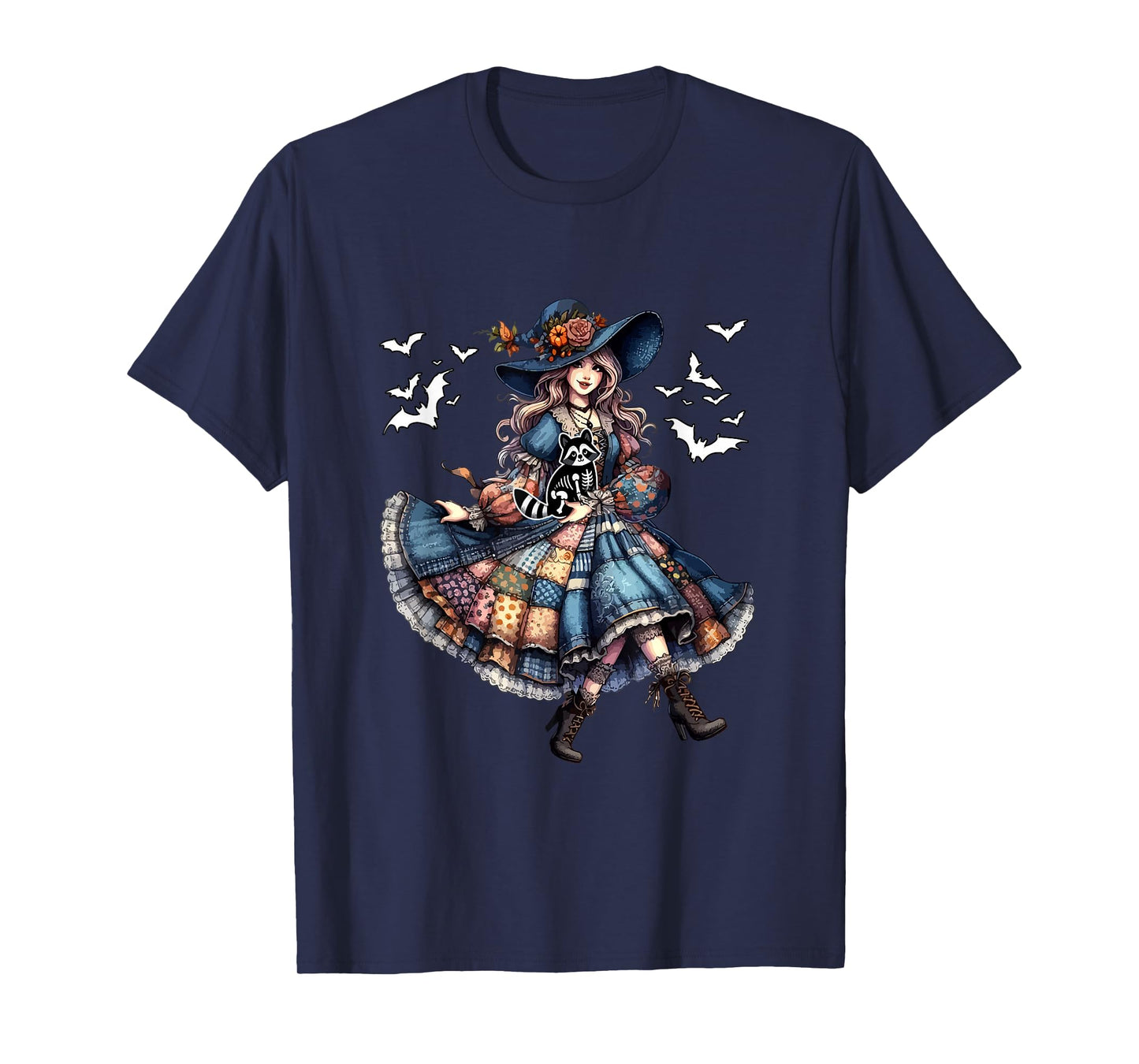 Floral Witch Hugging Raccoon Cosplay Skeleton Halloween T-Shirt