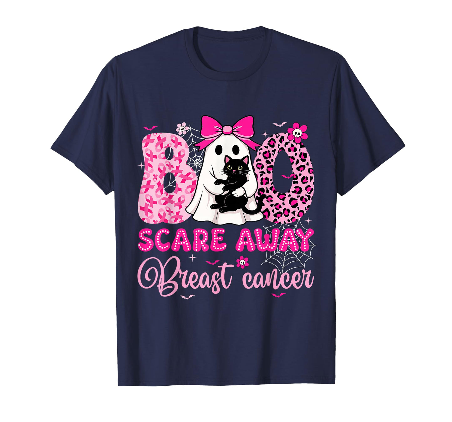 Boo Scare Away Breast Cancer Bow Cat Ghost Halloween Costume T-Shirt