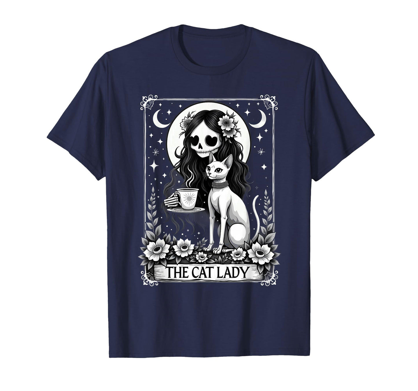 Gothic Tarot Card Cat Lady Skeleton Coffee T-Shirt
