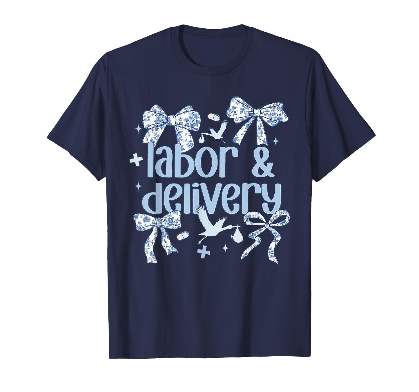 Labor and Delivery Nurse Blue Toile Coquette Bow Stork Squad T-Shirt