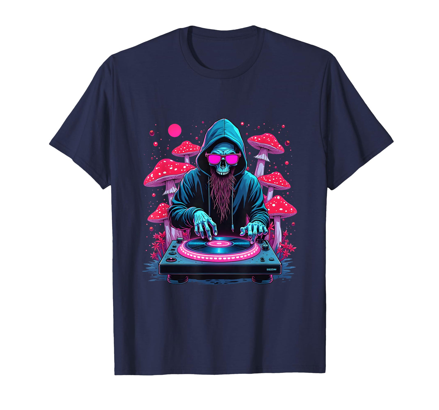 Neon Skull DJ Spinning Turntable Trippy Rave Design T-Shirt