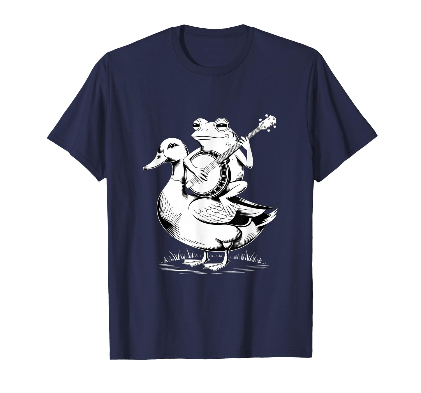 Frog Playing Banjo Riding Duck Sketch T-Shirt