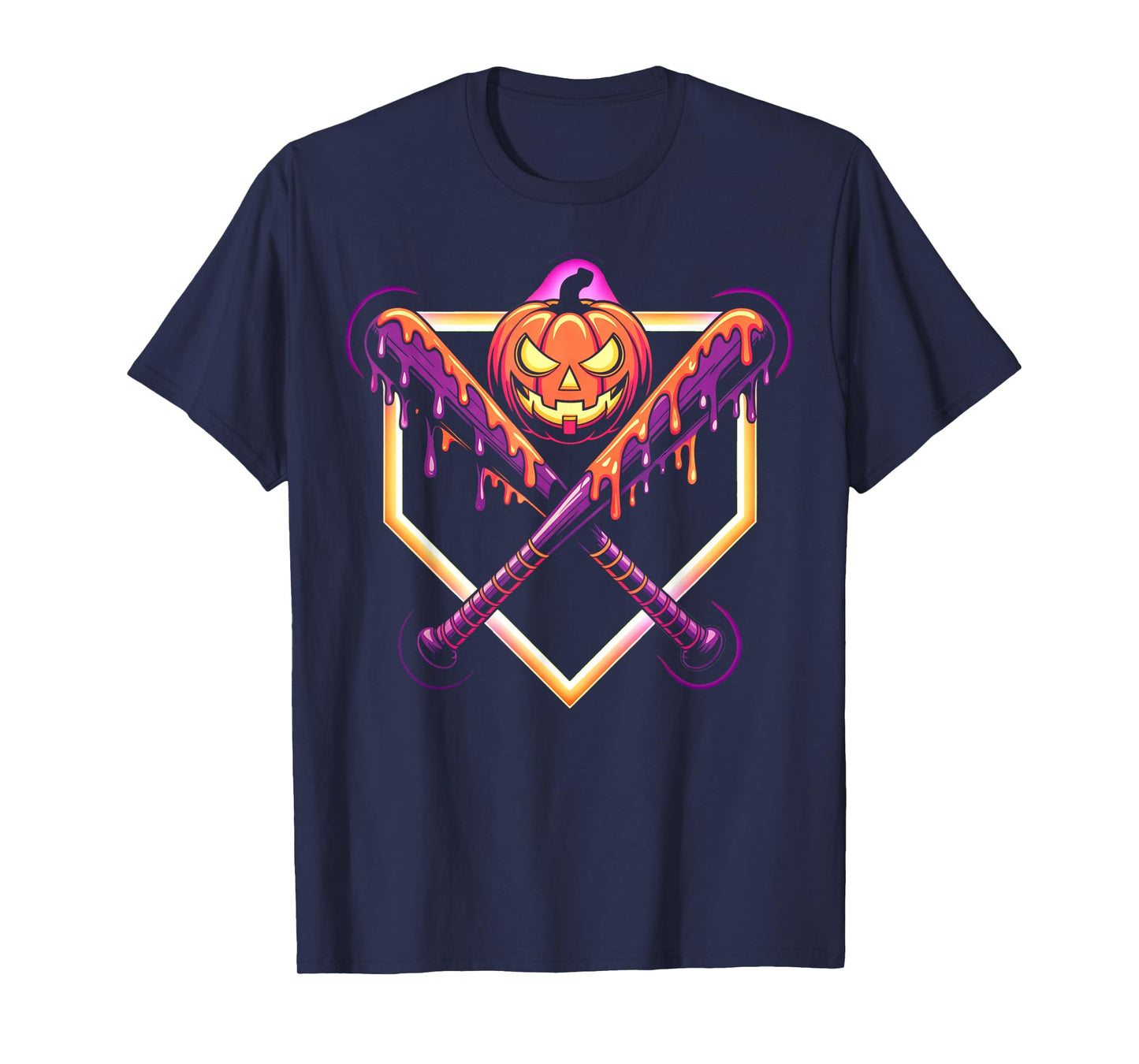 Halloween Pumpkin Baseball Crossed Bats Dripping Horror T-Shirt