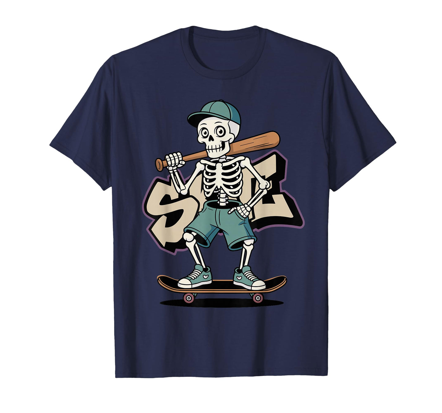 Halloween Skeleton Baseball Skateboard Street Graphic T-Shirt