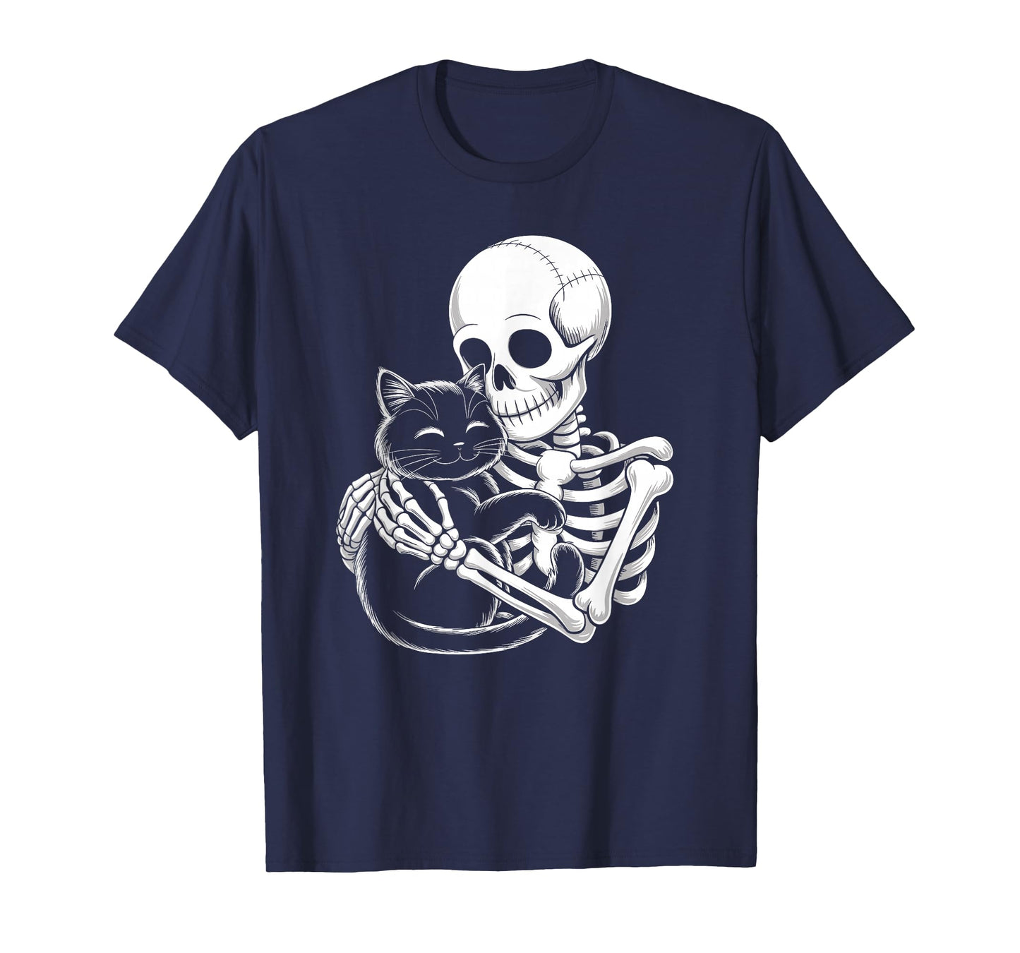 Skeleton Hugging Cat Gothic Style Halloween Graphic T-Shirt