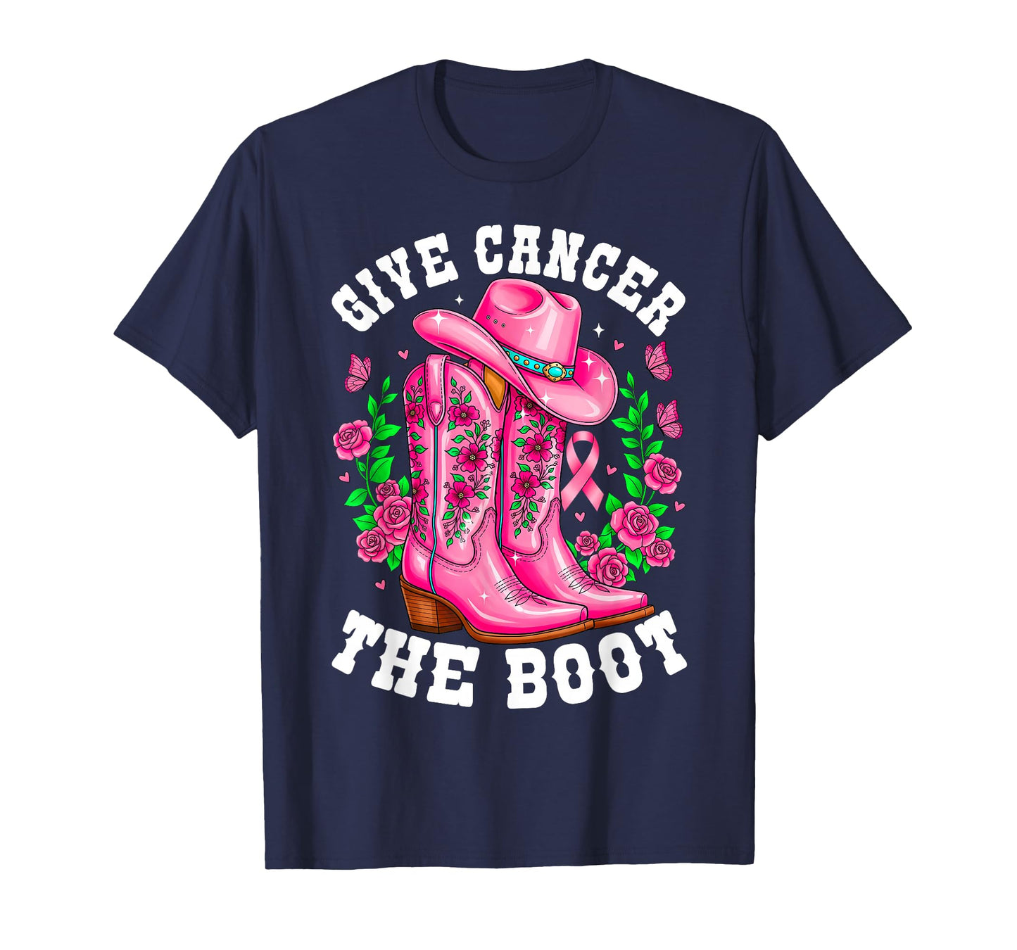 Give Cancer The Boot Cowgirl Breast Cancer Awareness Ribbon T-Shirt