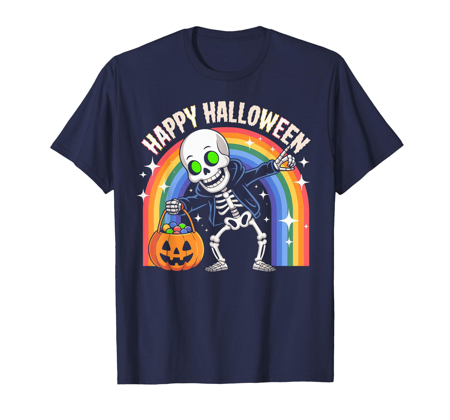 Rainbow Halloween Skeleton Beanie Pumpkin Candy Spooky Men T-Shirt