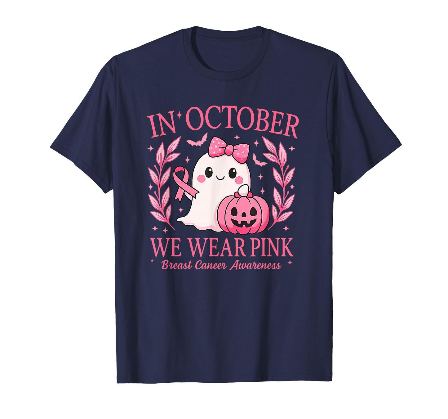 in October We Wear Pink Ghost Witch Breast Cancer Awareness T-Shirt
