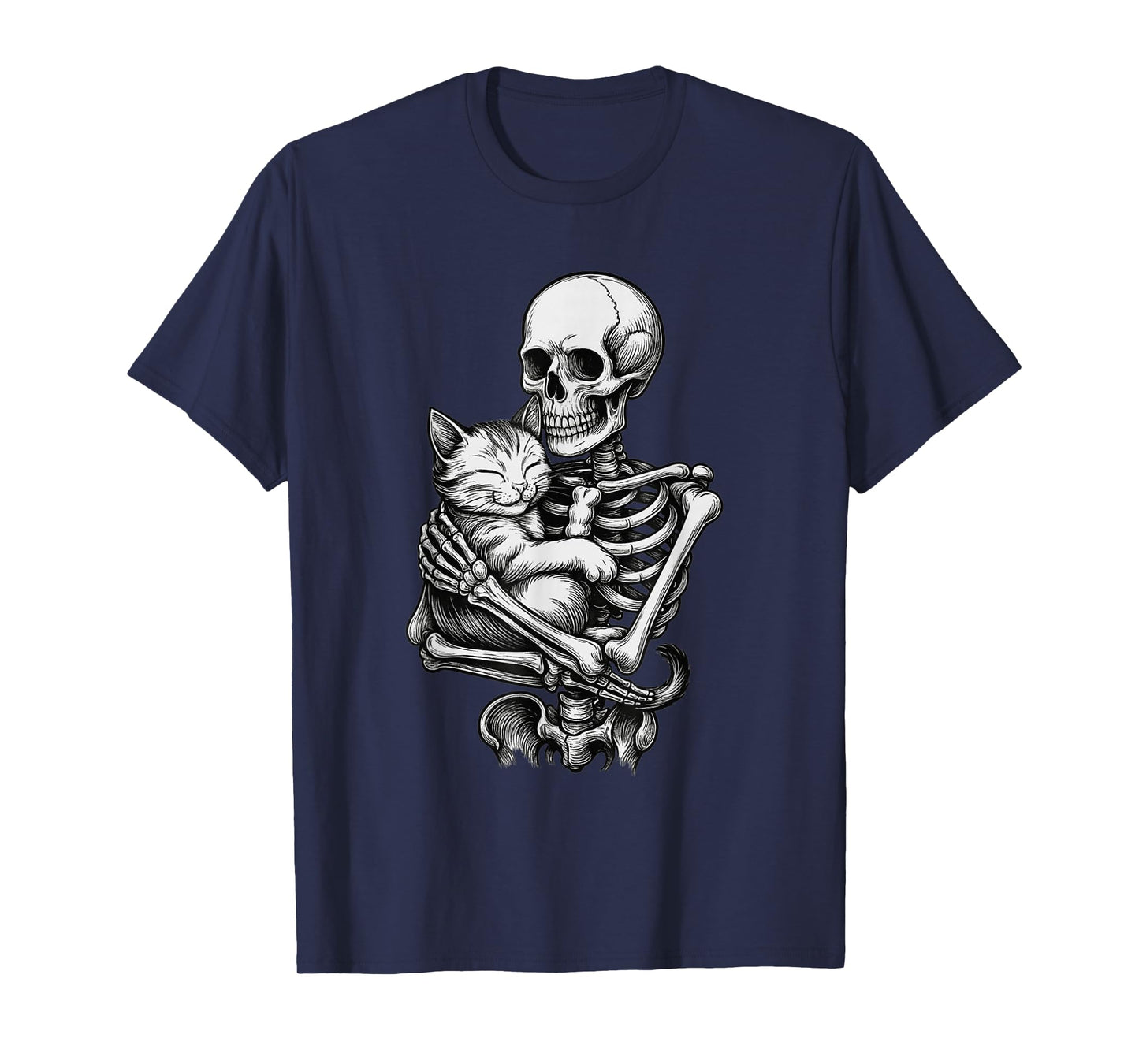 Skeleton Standing and Hugging a Cat Halloween Kitten Lover T-Shirt