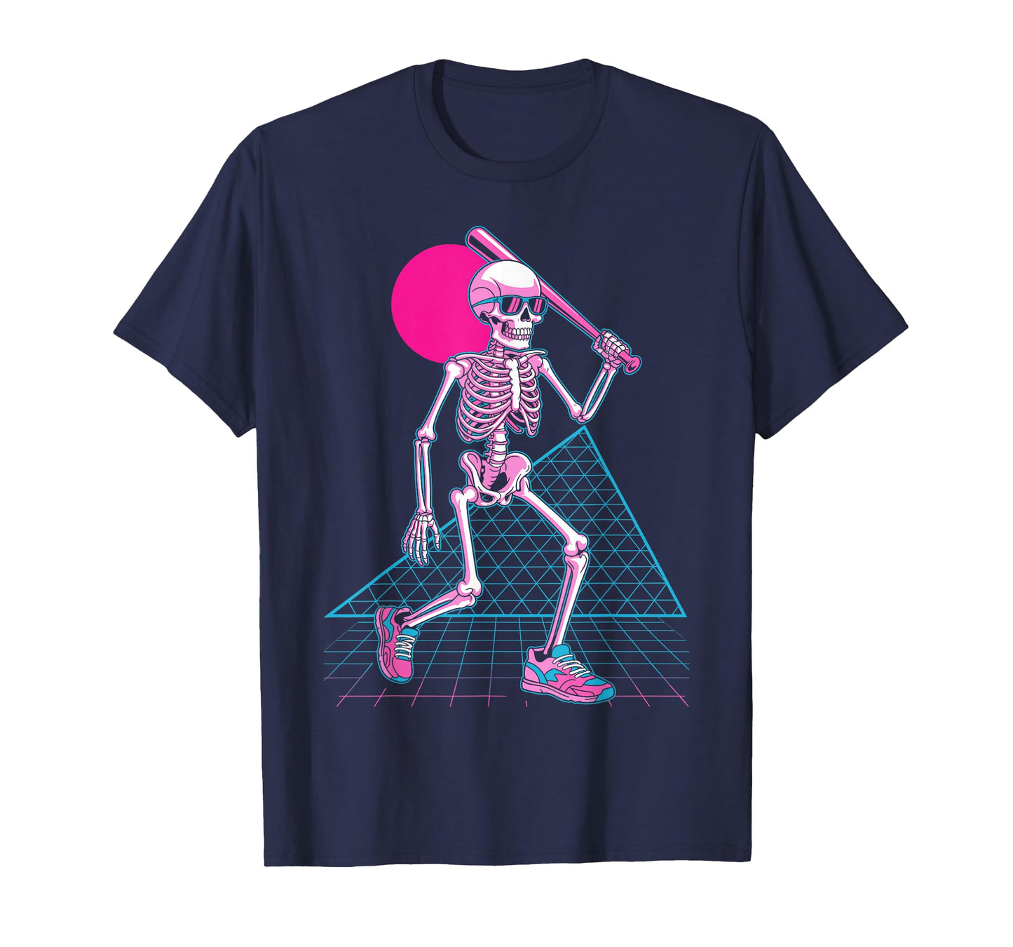 Retro 80s Skeleton Baseball Vaporwave Halloween Graphic T-Shirt