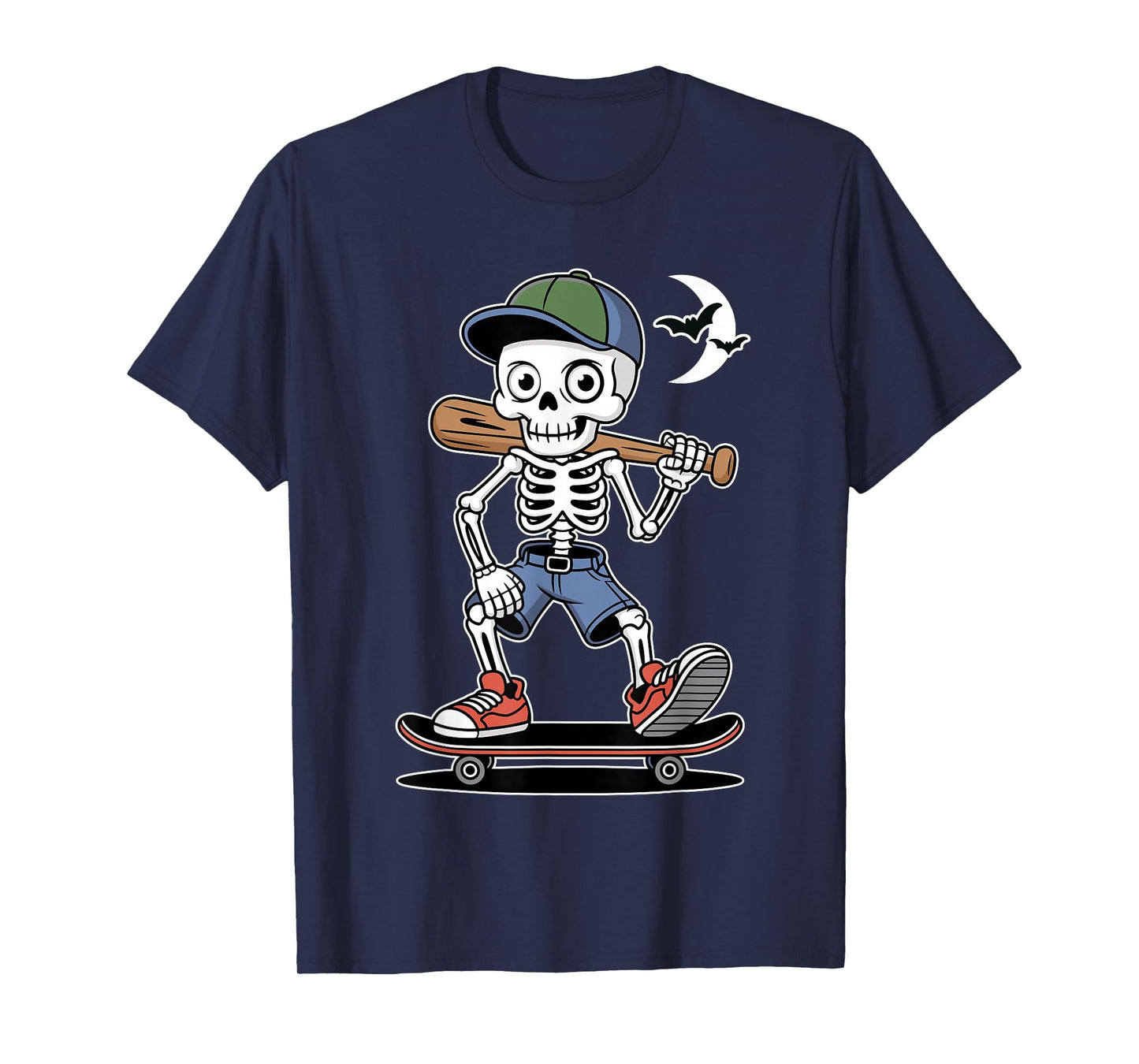 Halloween Skeleton Skater Baseball Moon Graphic T-Shirt