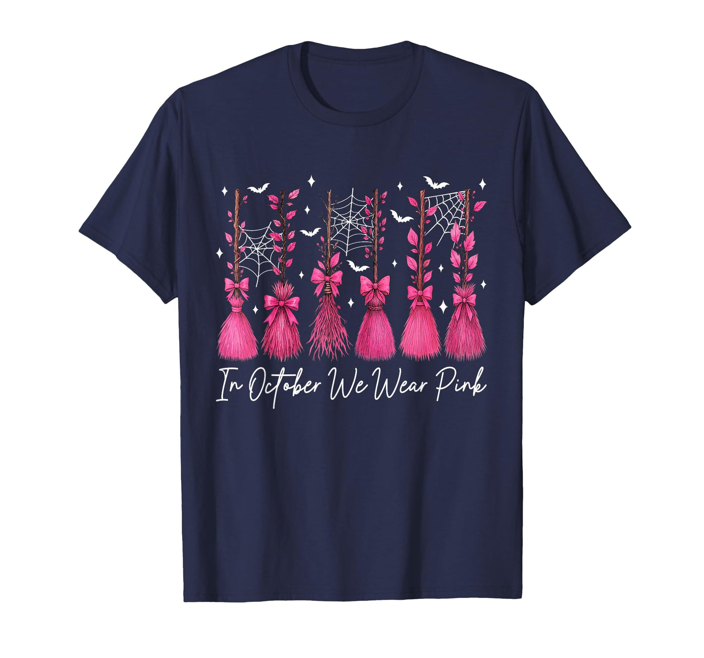 in October We Wear Pink Witch Broom Breast Cancer Halloween T-Shirt