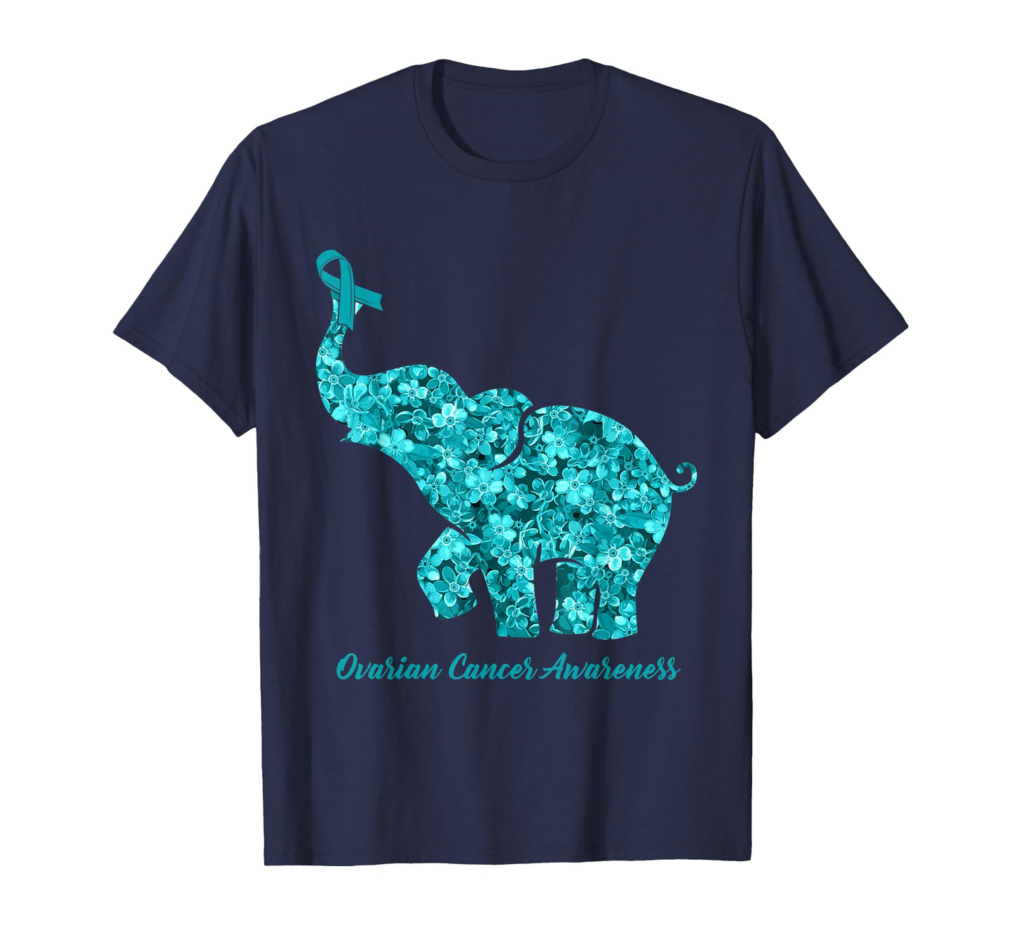 Flower Elephant Teal Ribbon Ovarian Cancer Awareness T-Shirt