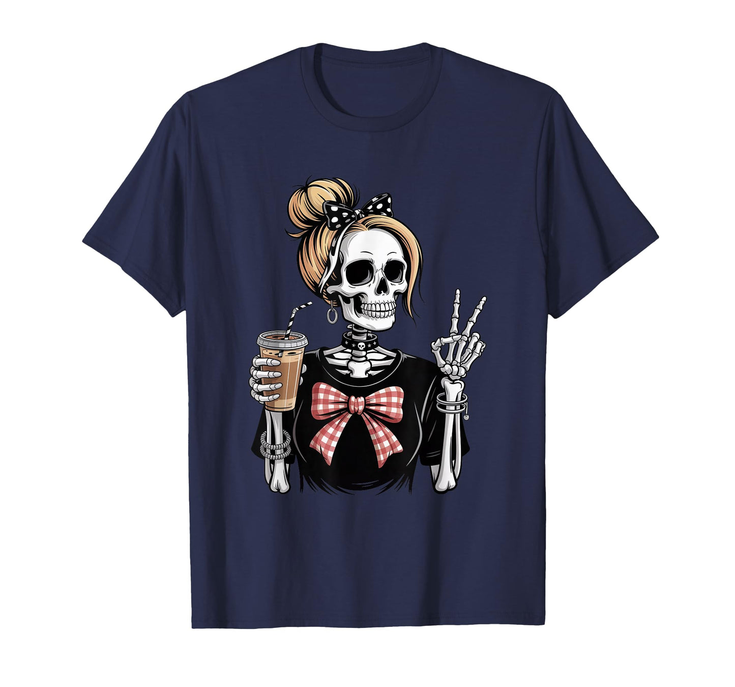 Skeleton Girl Drinking Coffee Peace Sign Graphic for Women T-Shirt