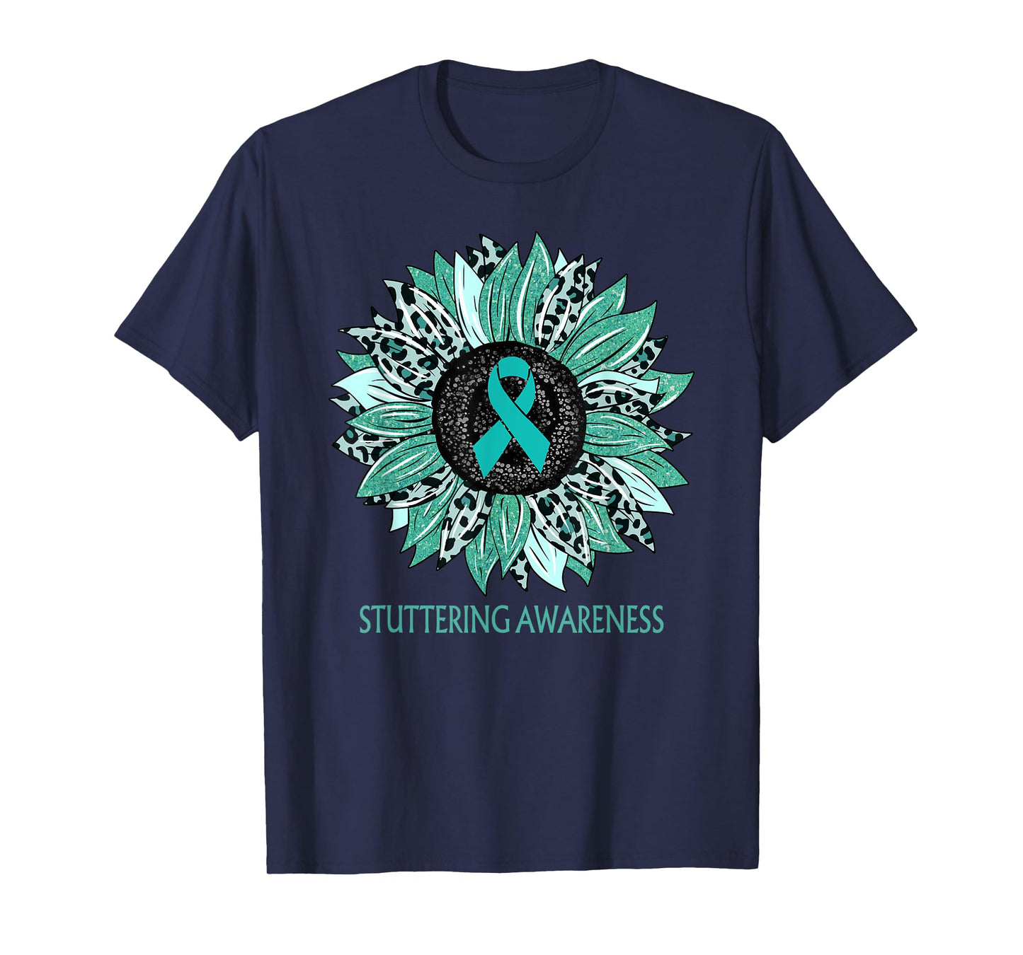 Leopard Sunflower Stuttering Awareness Teal Ribbon T-Shirt