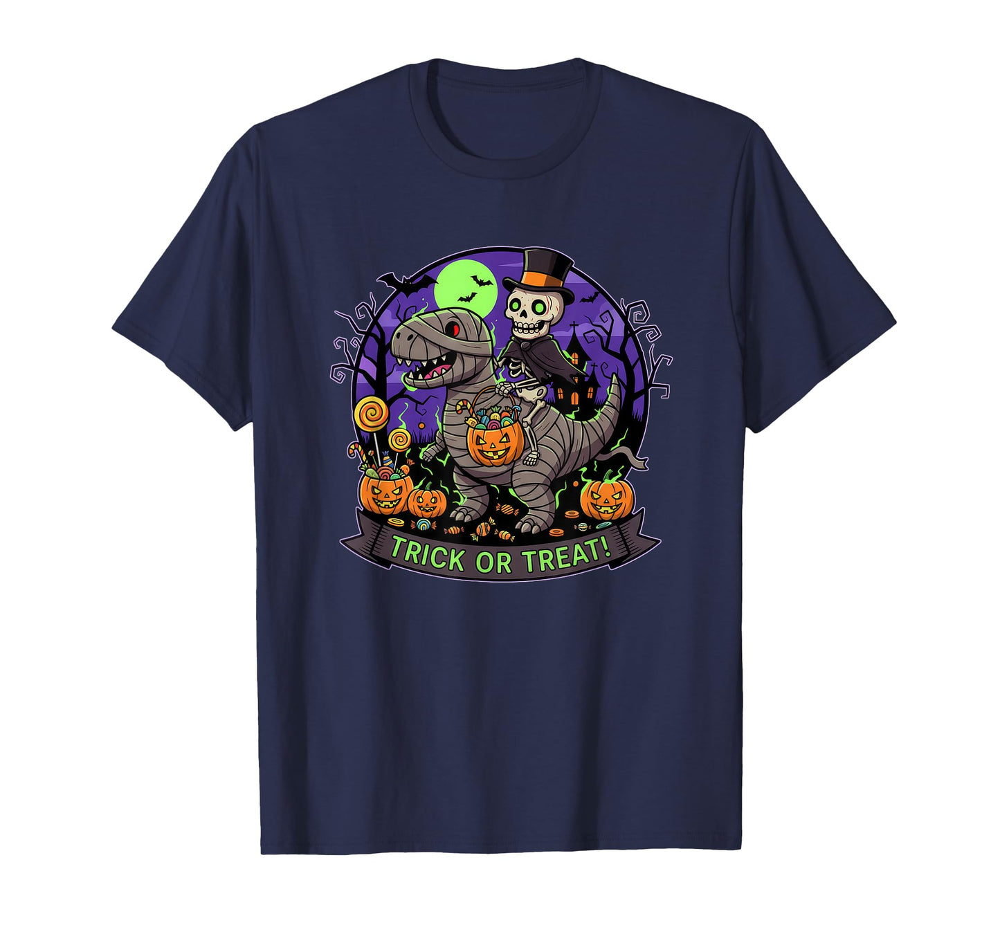 Trick or Treat Skeleton Riding a Mummy Dinosaur and Pumpkin T-Shirt