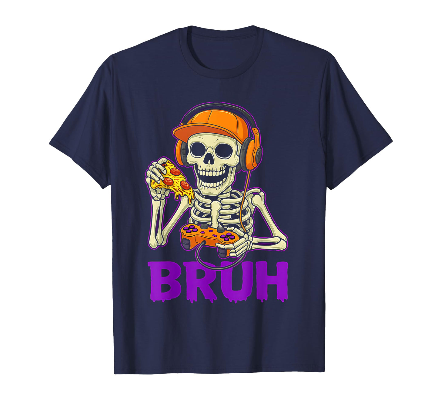 Halloween Skeleton Pizza Gamer Bruh Funny Video Gaming Boys T-Shirt