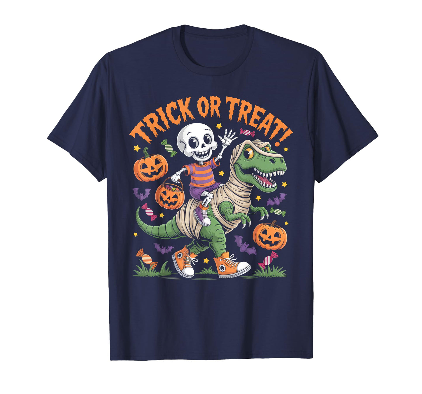 Cute Dino Halloween Skeleton Riding Mummy Dinosaur Rex Kids T-Shirt