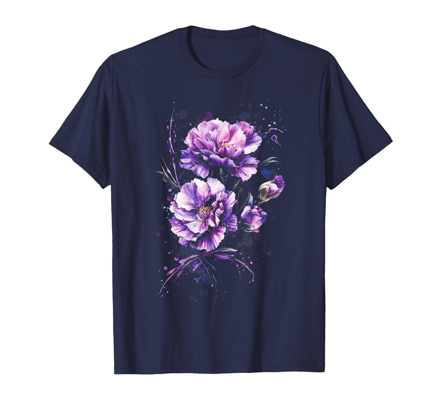 Purple Carnations Watercolor Splash Effect Floral T-Shirt