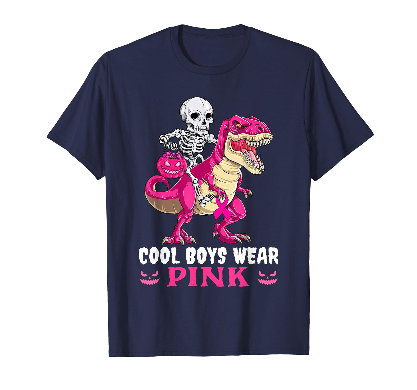 Cool Boys Wear Pink Skeleton and Dinosaur Breast Cancer T-Shirt