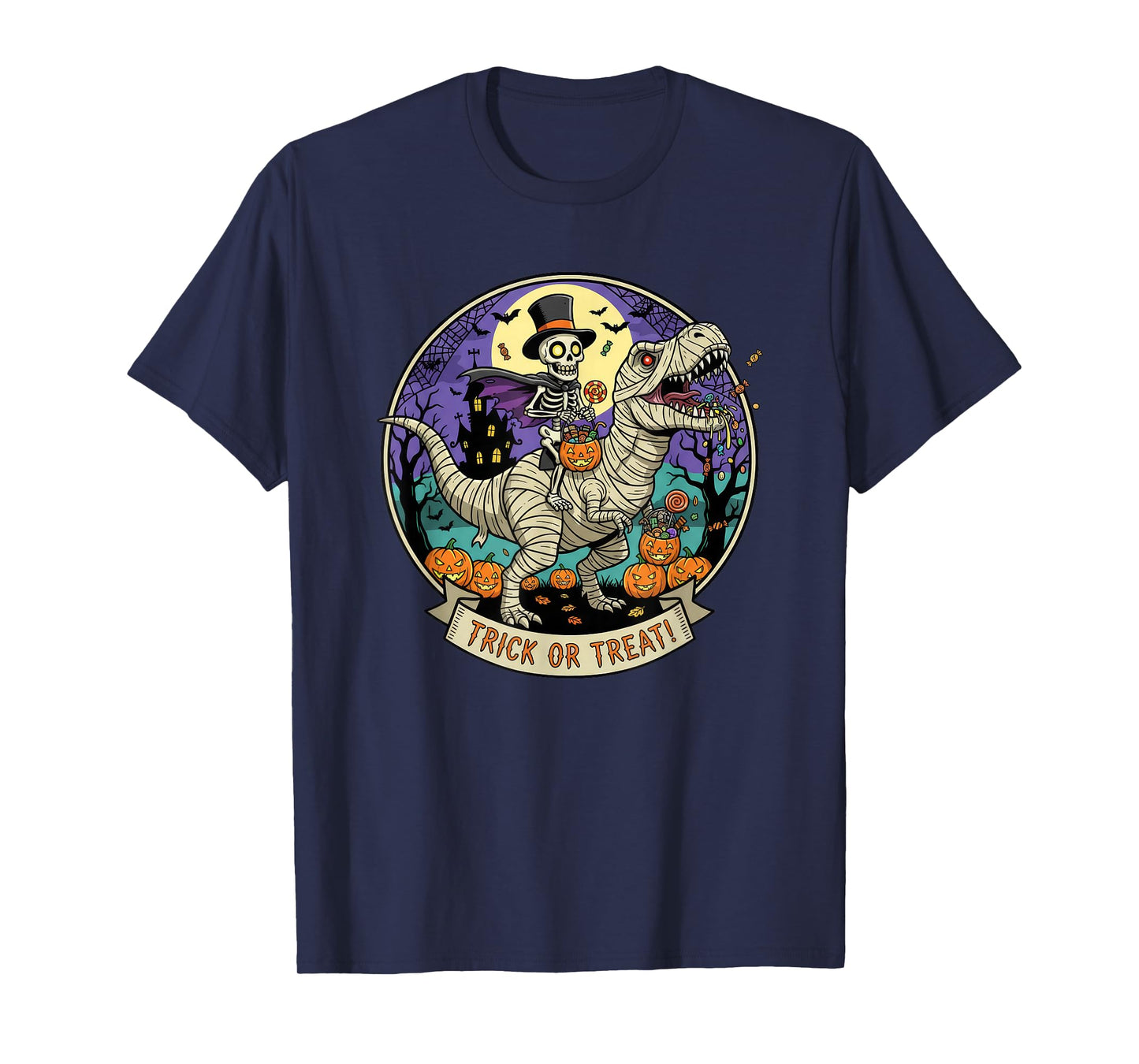 Skeleton Riding a Mummy Dinosaur Funny Halloween Pumpkin T-Shirt