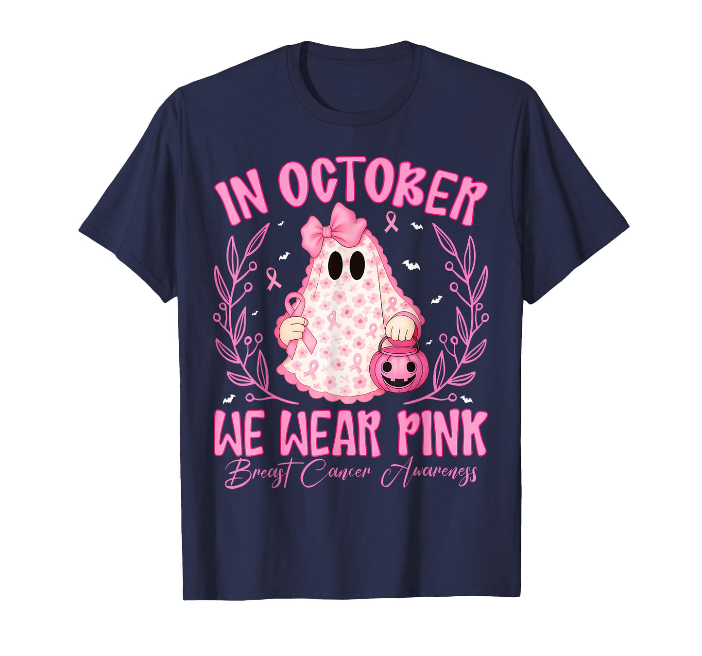 Breast Cancer In October We Wear Pink Ghost Halloween T-Shirt