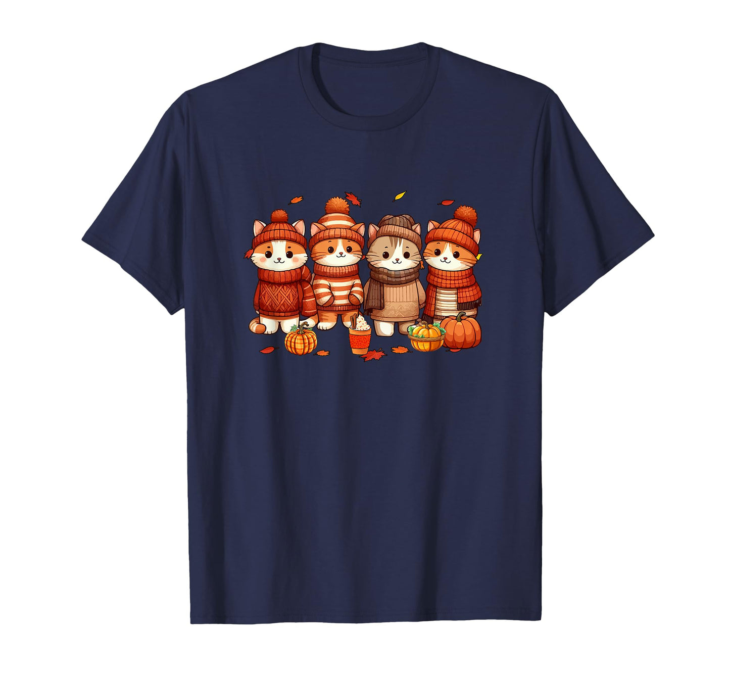 Group Cats Thanksgiving Pilgrim Fall Leaves Pumpkins T-Shirt