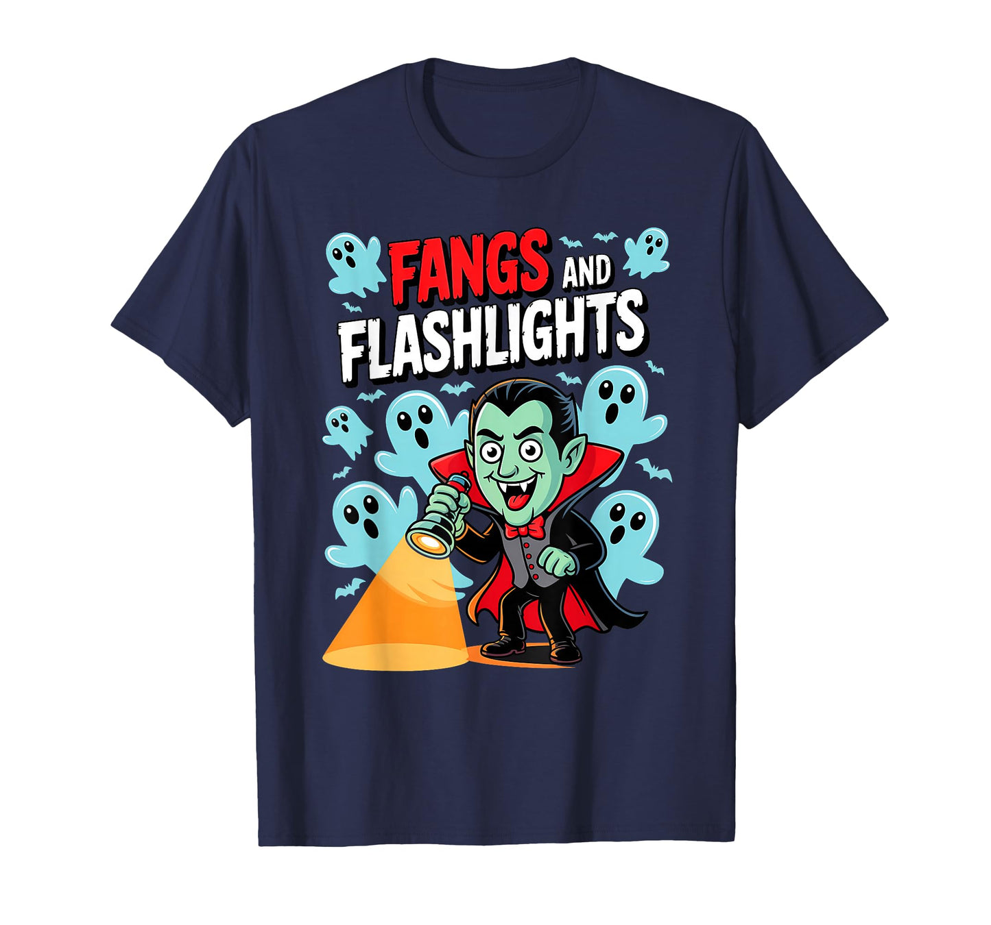 Fangs and Flashlights Funny Vampires Ghost Hunting Halloween T-Shirt
