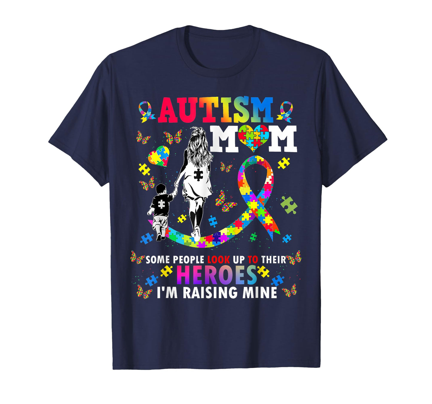 Autism Mom Raising Hero Groovy Heart Puzzle Autism Awareness T-Shirt