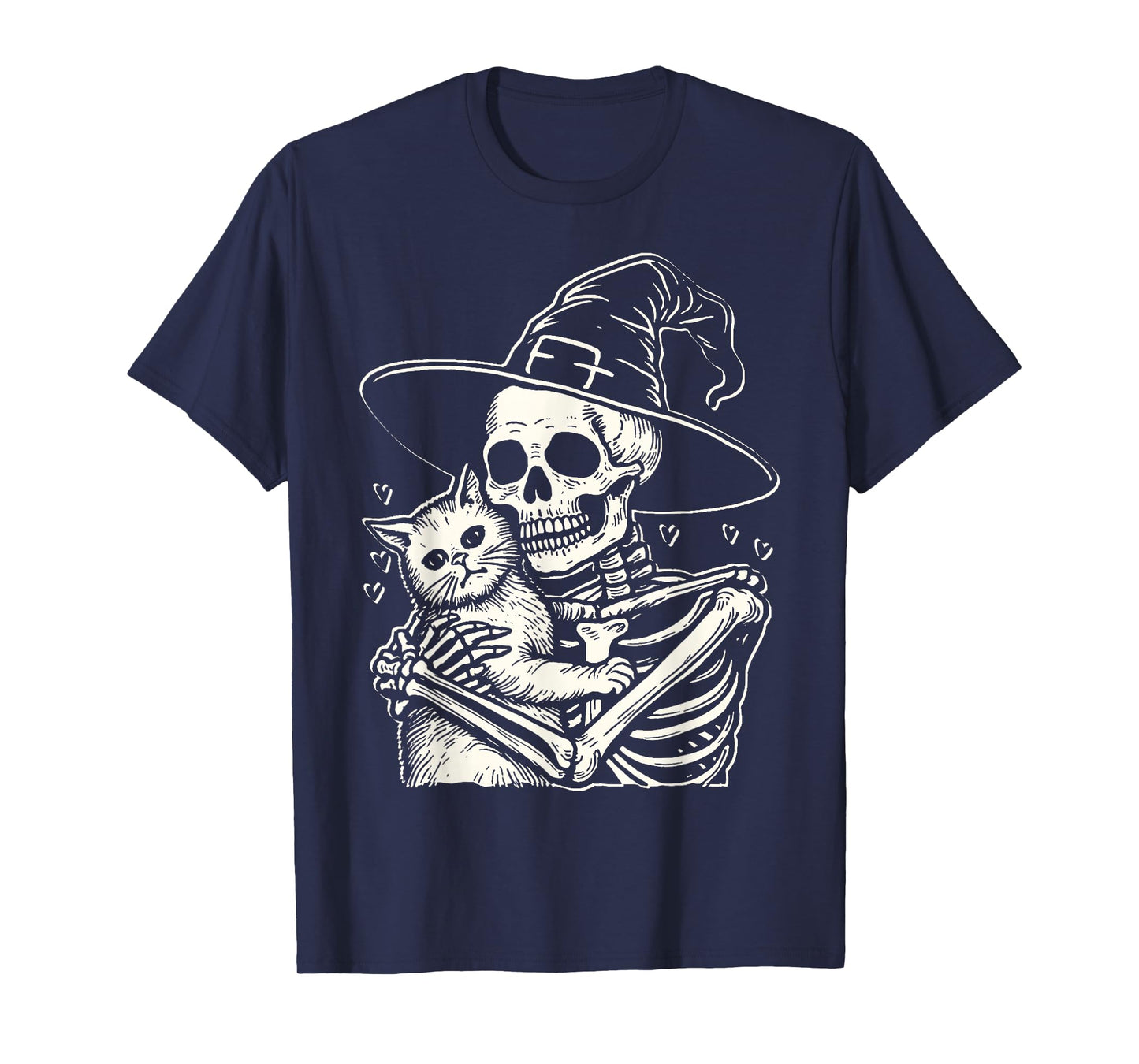 Skeleton Hugging Cat Halloween Cat Lover Skeleton Witch T-Shirt