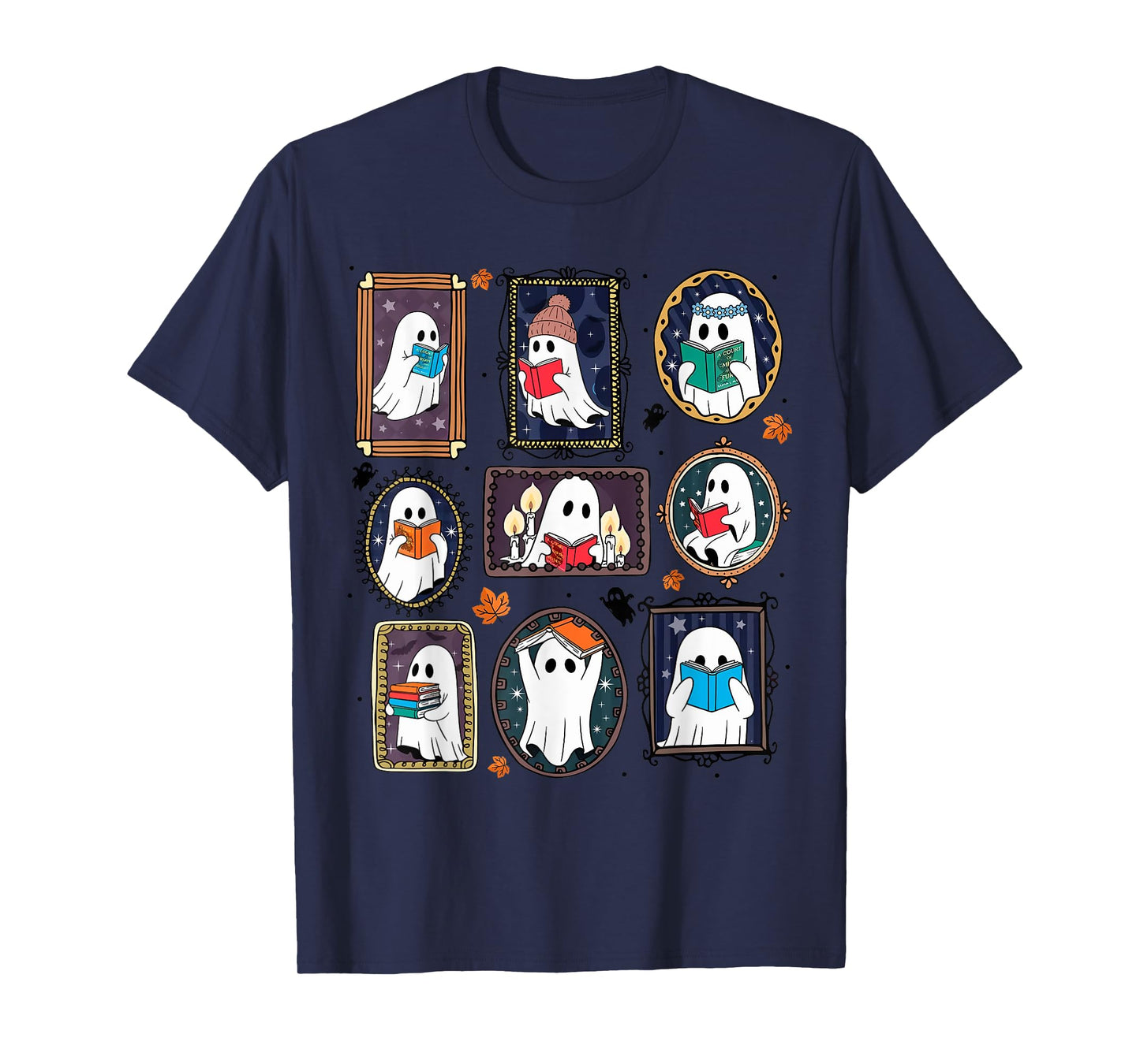 Ghost Reading Book Nerds Portrait Frame Picture Halloween T-Shirt