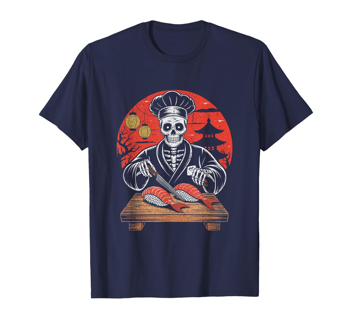 Skeleton Sushi Chef Cutting Salmon Halloween T-Shirt