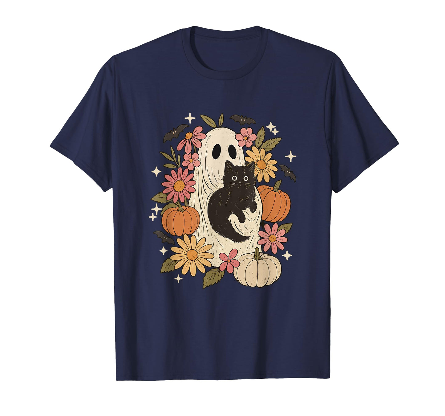 Spooky Vibes Floral Black Cat Ghost Halloween Pumpkin Spooky T-Shirt