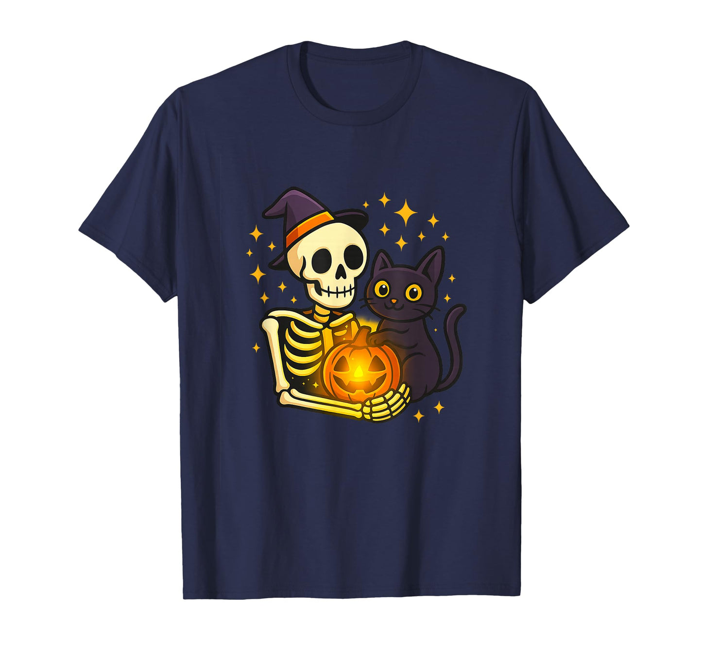 Cute Skeleton Hugging Cat & Pumpkin Halloween T-Shirt