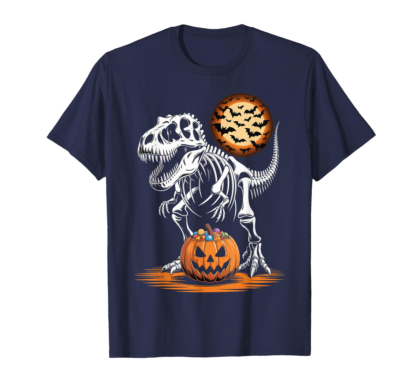 Halloween Dinosaur Skeleton T-Rex Pumpkin Moon Boys T-Shirt