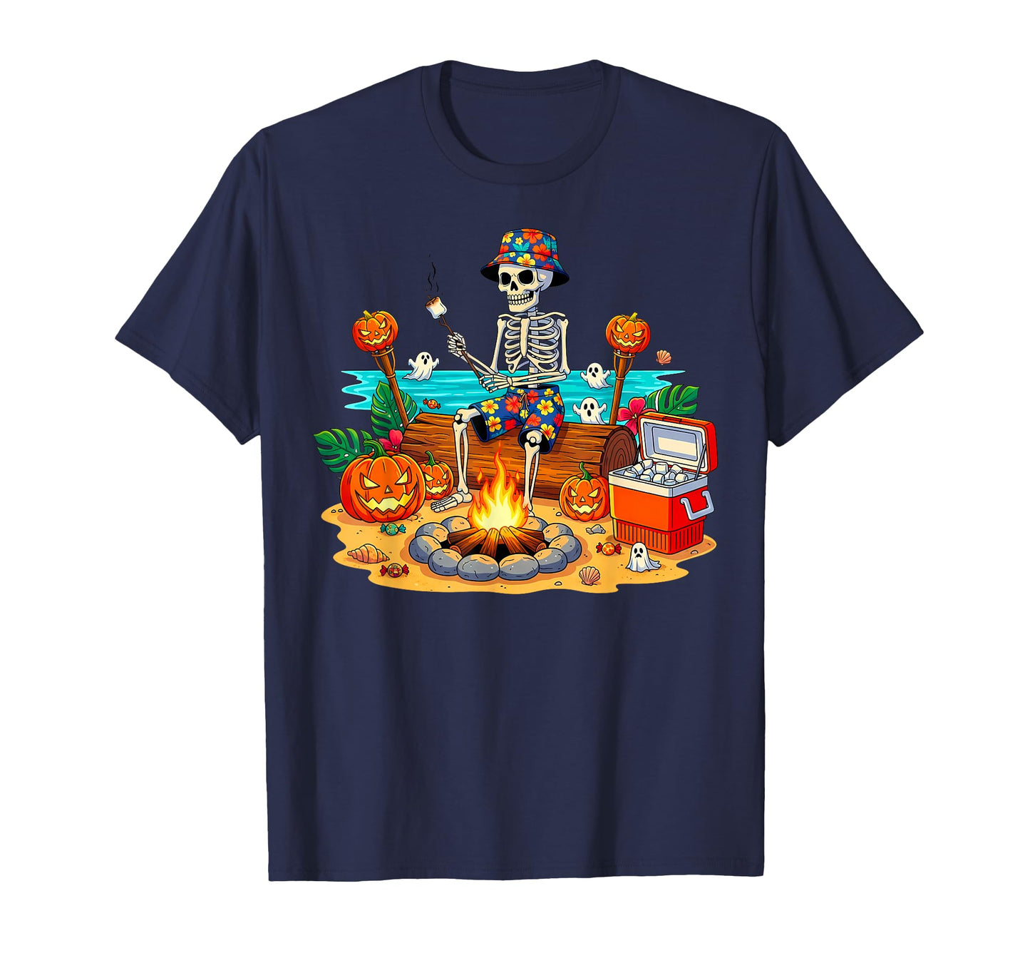 Skeleton Camping Campfire Halloween Pumpkin Spooky T-Shirt