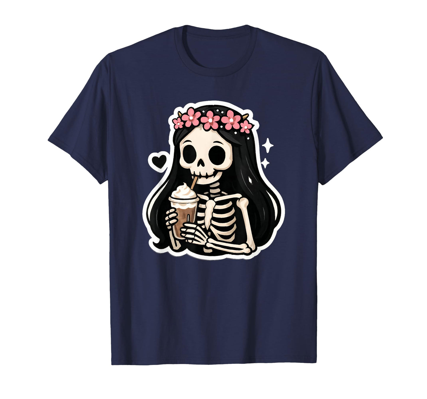 Skeleton Girl Drinking Coffee Peace Sign Graphic for Women T-Shirt