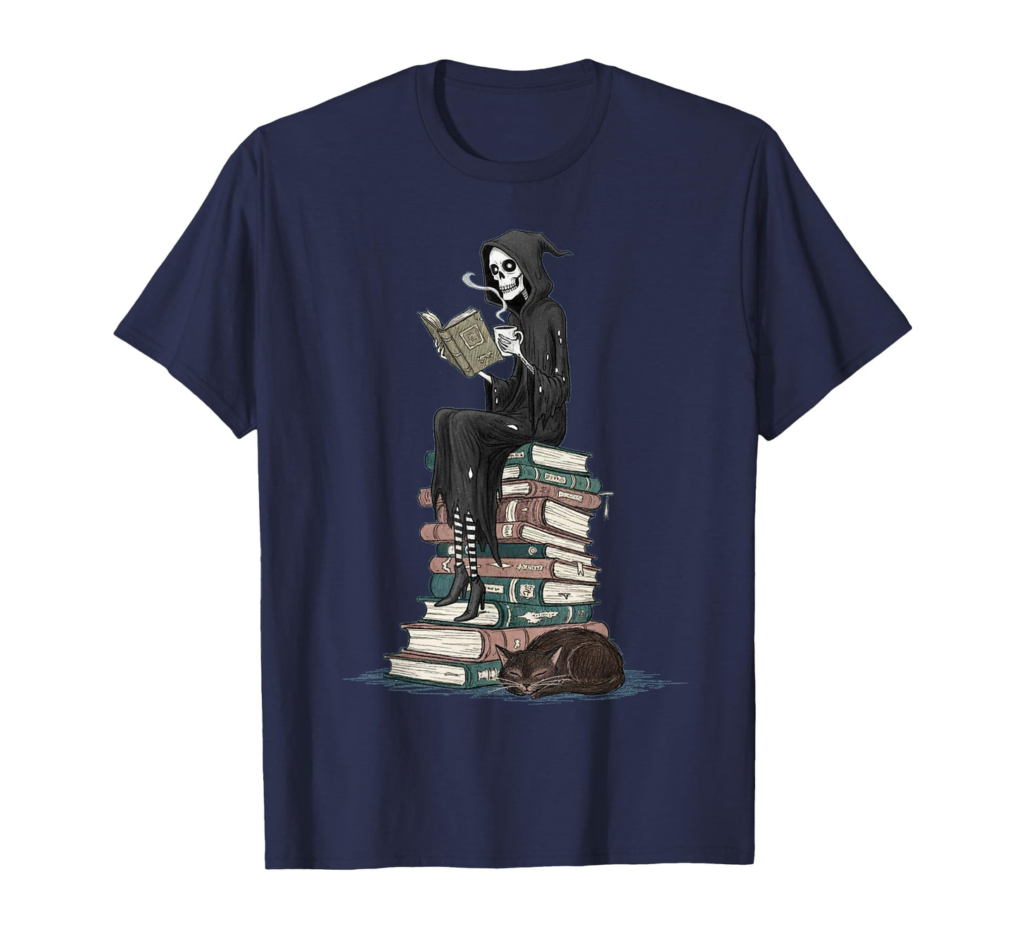 Reading Skeleton with Cat on Stacked Books Design T-Shirt