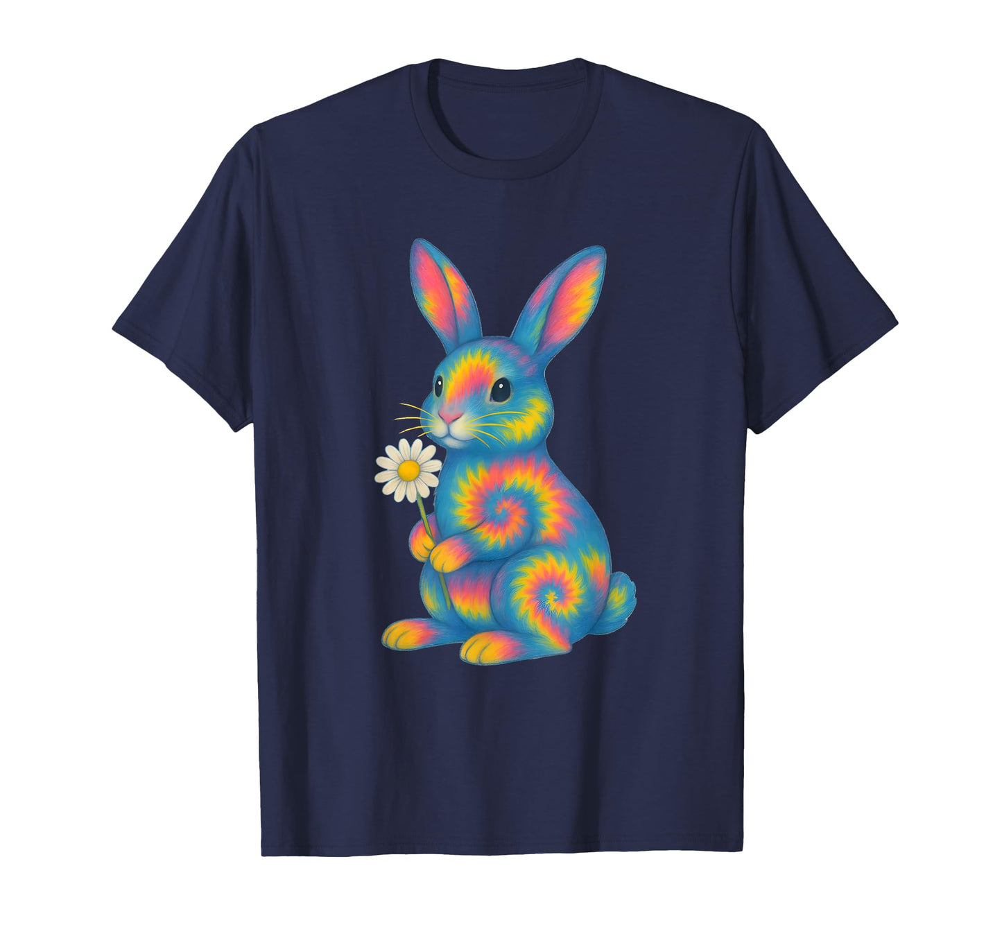 Colorful Tie Dye Bunny with Daisy Flower Illustration T-Shirt