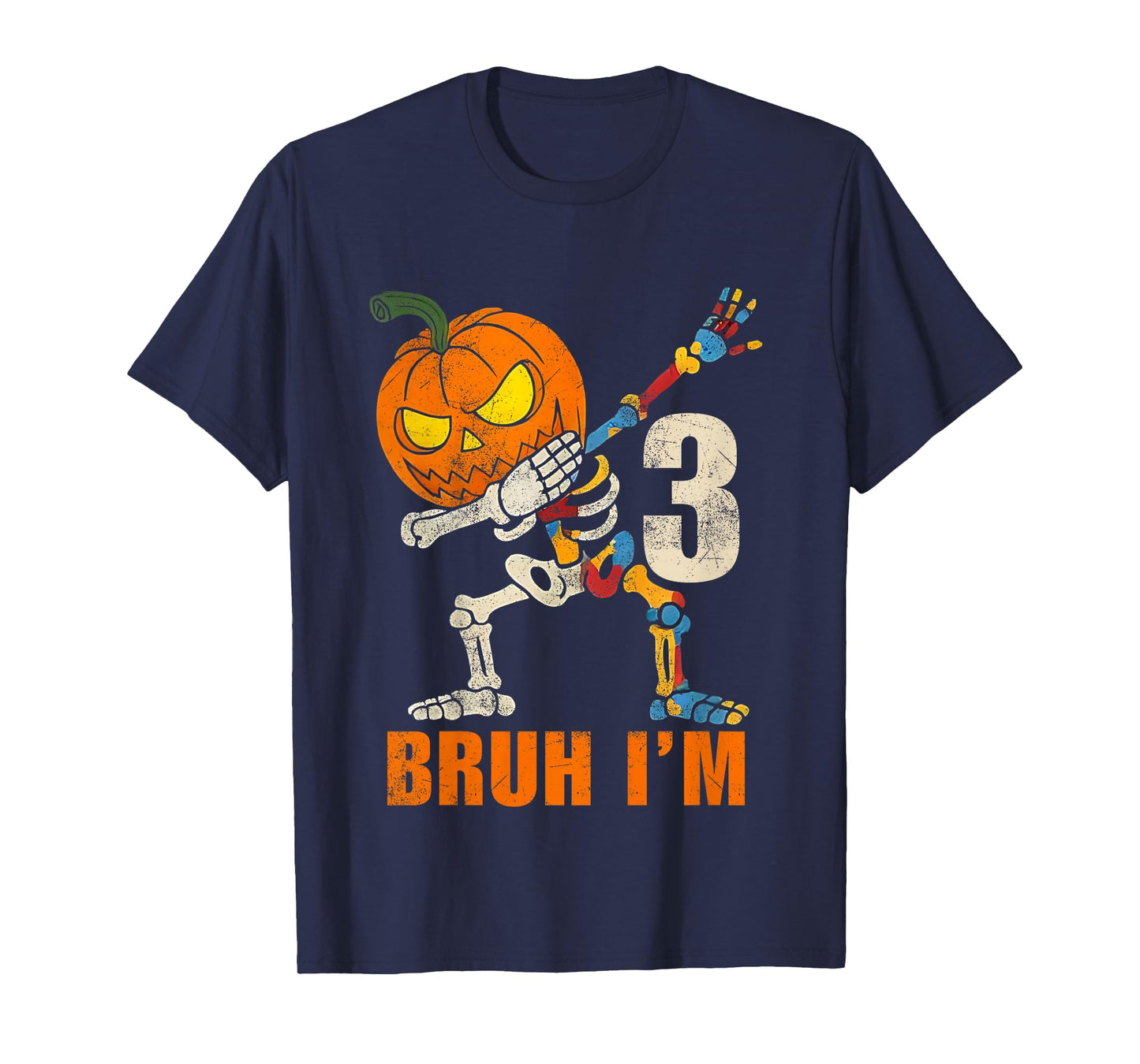 Kids Bruh I’m 3 Skeleton Autism Awareness Dabbing Halloween Boys T-Shirt