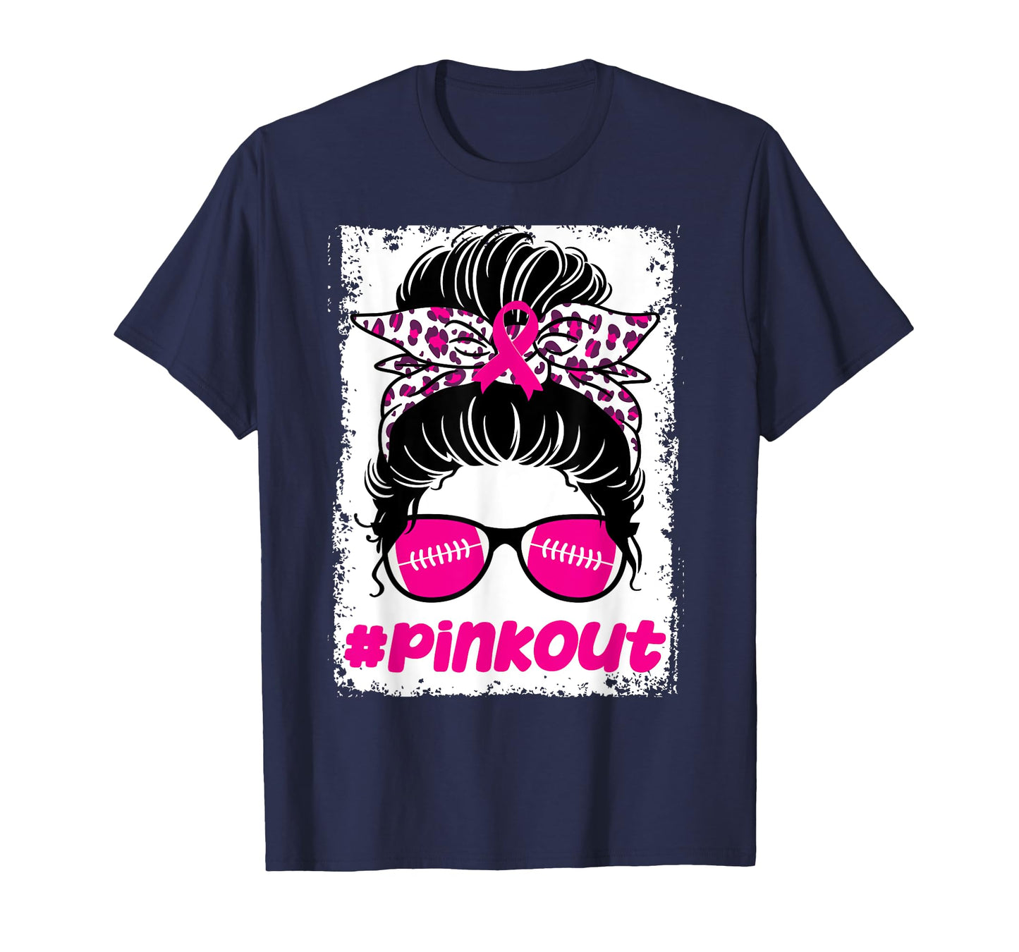 Pink Out Ou Breast Cancer Football Messy Bun Cheer Bleached T-Shirt
