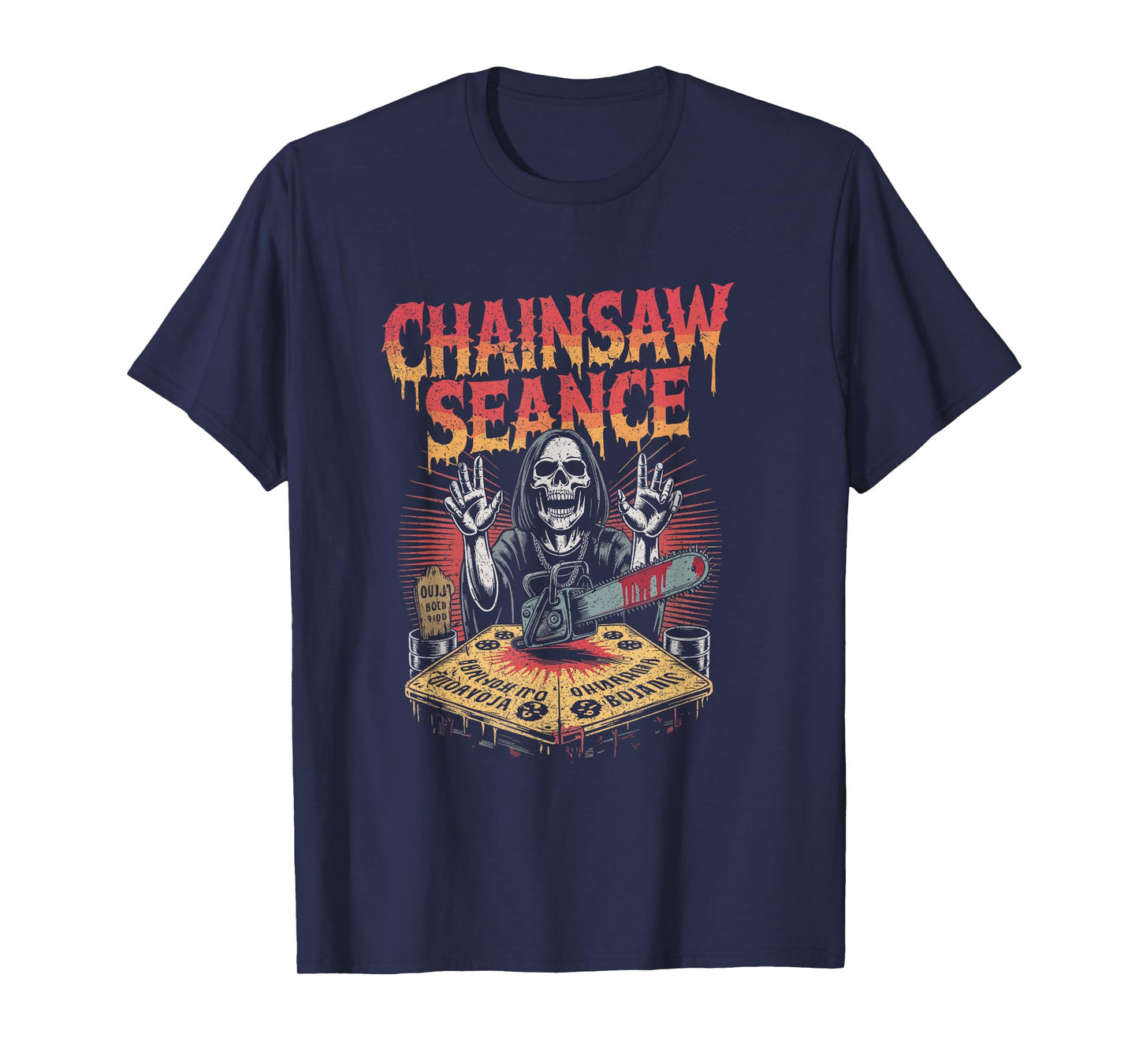 Skeleton Summoner at Ouija Table with Chainsaw Halloween T-Shirt