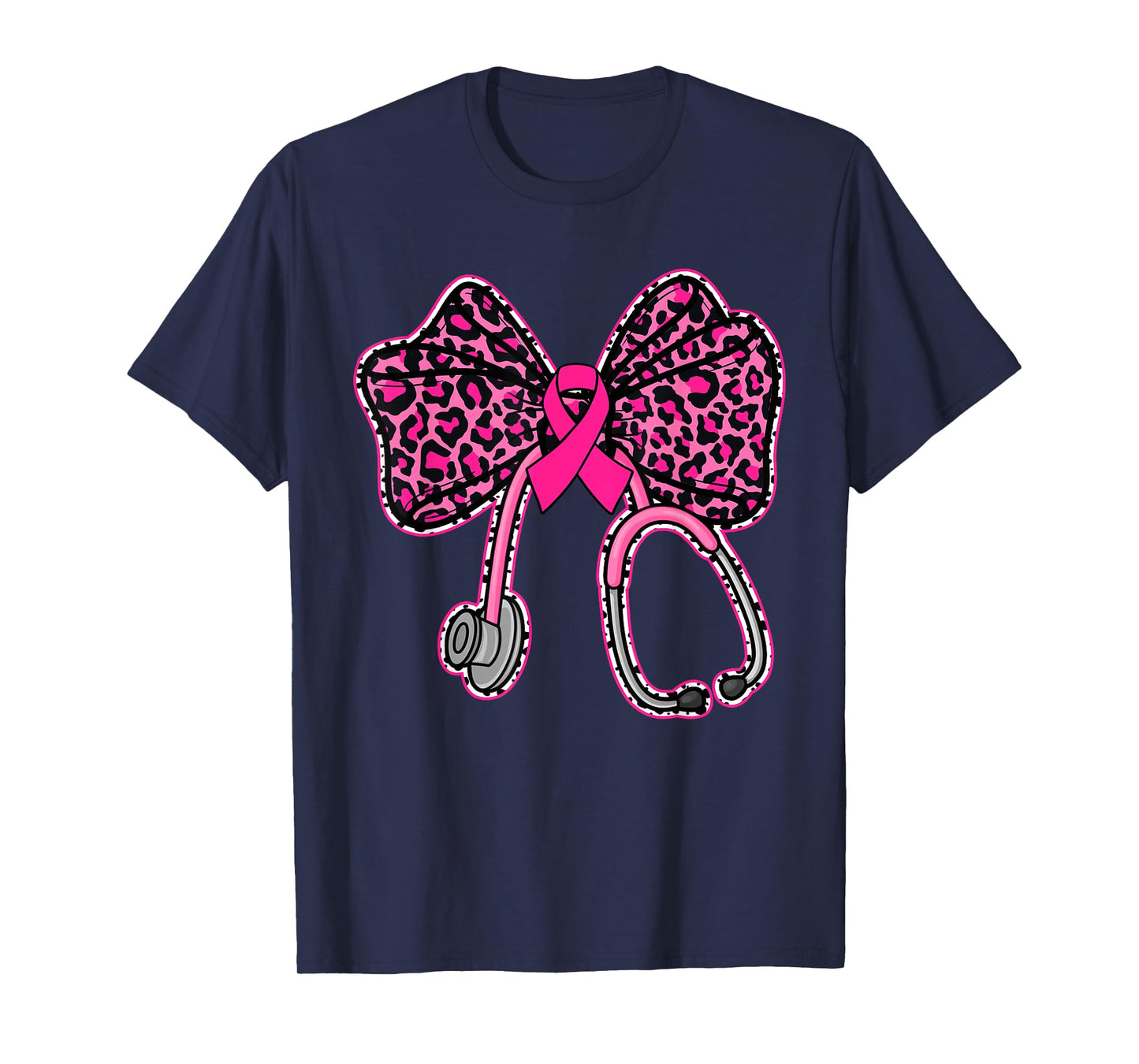 Leopard Coquette Bow Pink Stethoscope Nurse Breast Cancer T-Shirt